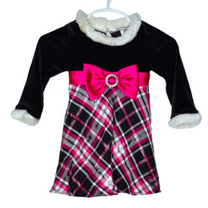 Girls Youngland Dress 12M Black Velvet Pink Plaid